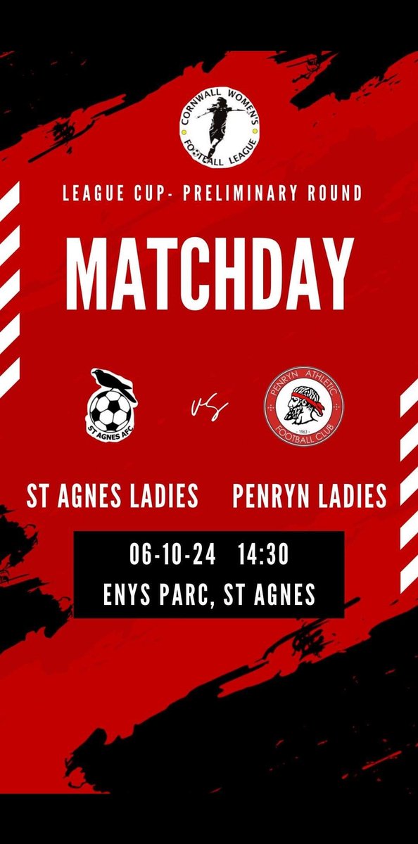 Penryn Ladies are taking on St Agnes Ladies first team on Sunday in the Cornwall Women’s Football League Cup 

Kick off is at 2:30pm at Enys Parc, St Agnes

Good luck Ladies 🔴⚫️🔴⚫️