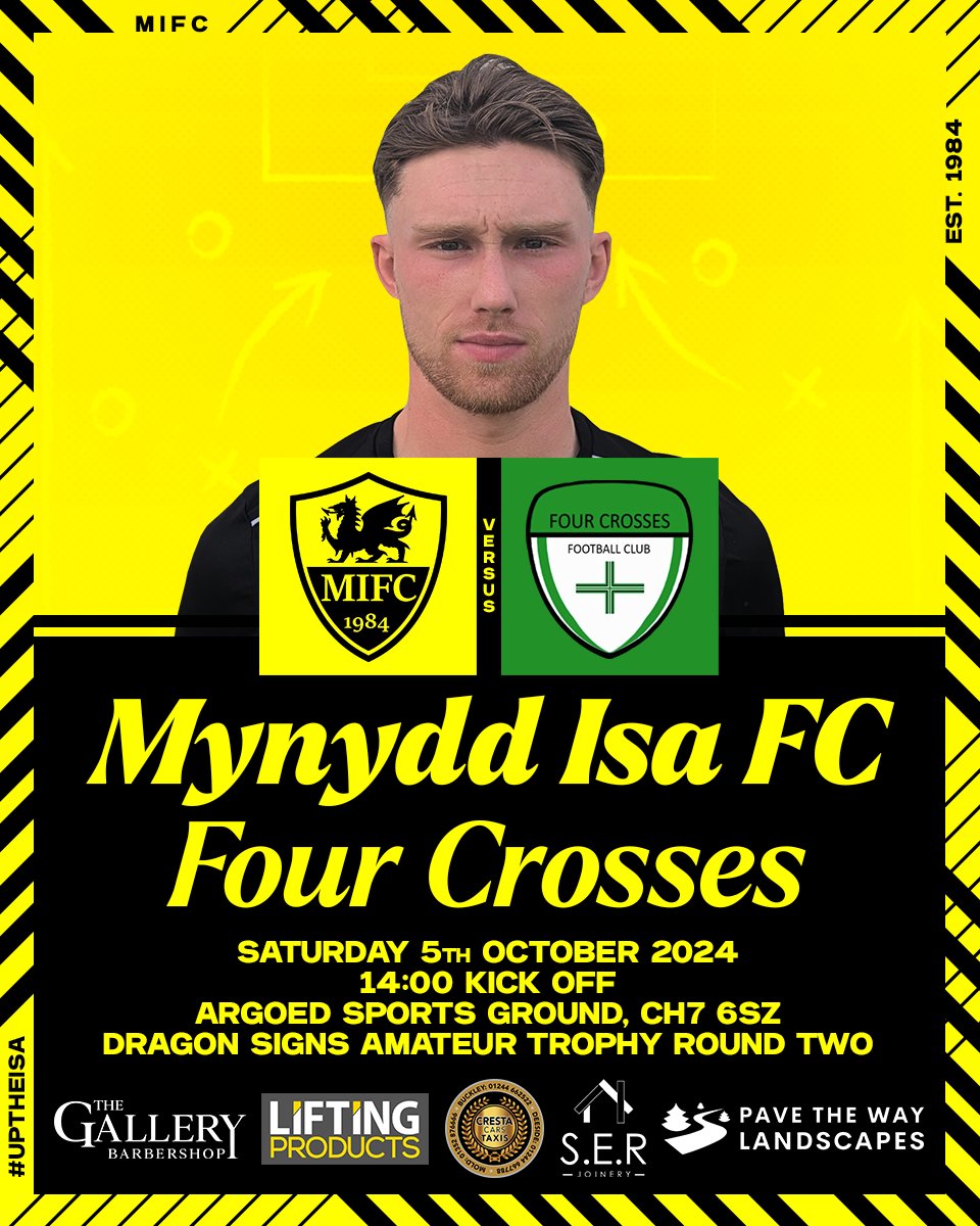 FIRST TEAM ⚽

MIFC vs. <a href="/4crossesFC/">Four Crosses Football Club</a>
📅 Saturday 5th October 2024
⏰ 14:00 kick off
🏟️ Argoed Sports Ground, CH7 6SZ
🏆 Dragon Signs Amateur Trophy Round Two

We're back in Welsh Trophy action as we welcome the Mid Wales side to the Argoed for the first time. #uptheisa 🟡⚫