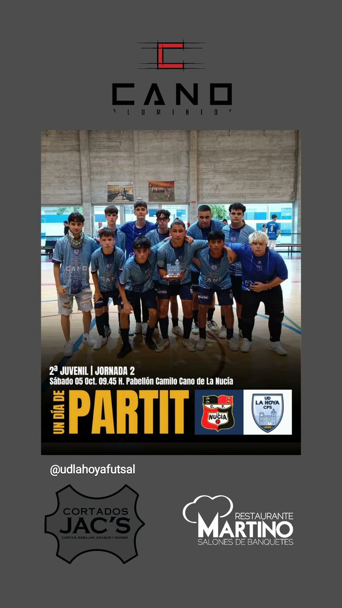 𝙐𝙉 𝘿𝙄𝘼 𝘿𝙀 𝙋𝘼𝙍𝙏𝙄𝙏 𝙅𝙐𝙑𝙀𝙉𝙄𝙇 𝗕

CD Sporting FS La Nucía B 🆚 𝑼𝑫 𝑳𝑨 𝑯𝑶𝒀𝑨 𝑪𝑭𝑺

📆 Sábado 05.10.24
⌚ 09:45 H.
🏟️ Pabellón Camilo Cano (La Nucía) 

◾𝚂𝚘𝚖 𝙻𝚊 𝙵𝚘𝚒𝚊, s𝚘𝚖 𝚄𝚗𝚒ó.