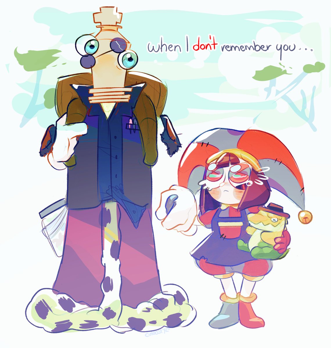 Ghoostye's tweet image. If I have a nickel for everytime I saw  that a man with insanity and memory problems adopt and comfort a girl so that they later forget what they did.🌺💦

I will have 2 nickels 😭 REALLY SOBBING ‼️

 #TheAmazingDigitalCircus #TADC  #theamazingdigitalcircusfanart