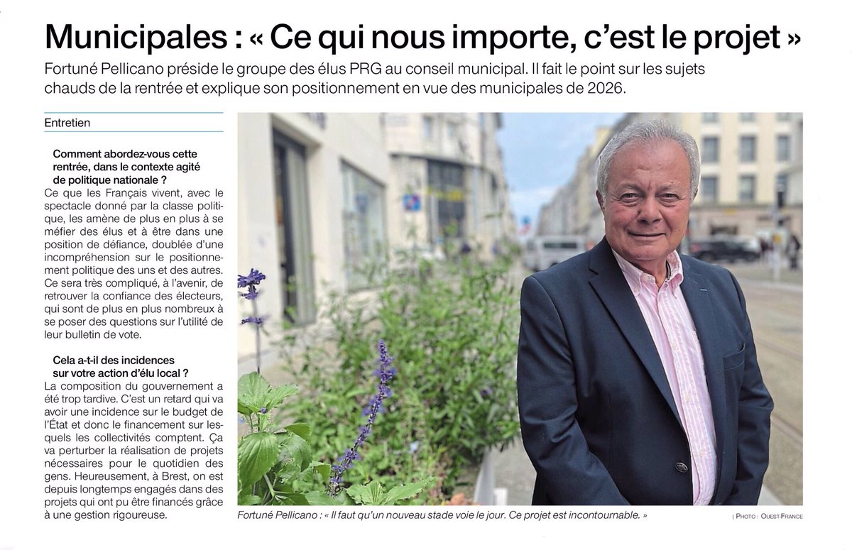 Extrait de mon entretien de rentrée avec Mickaël Louédec pour évoquer ma vision des prochains mois de « Notre Brest », publié ce samedi dans Ouest-France Brest. 
L’intégralité de l’article est à retrouver avec le lien suivant : 
ouest-france.fr/bretagne/brest…