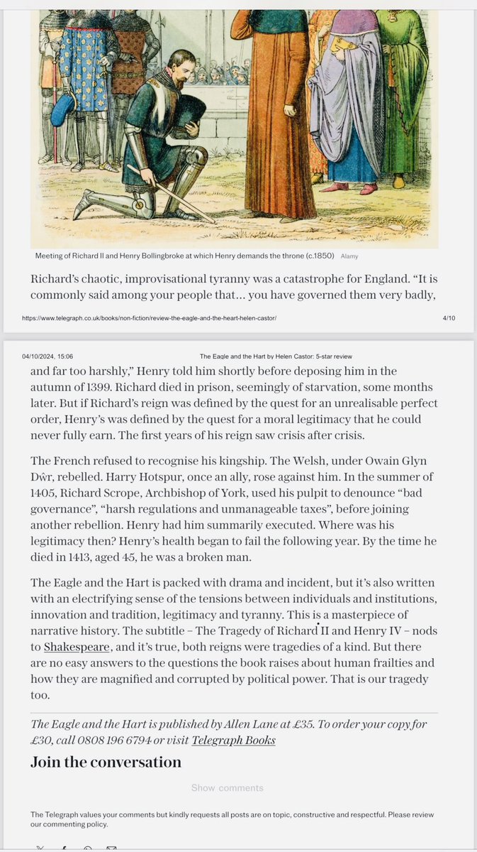 “This is a masterpiece of narrative history”

“The subtitle – The Tragedy of Richard II and Henry IV – nods to Shakespeare, and it’s true, both reigns were tragedies of a kind”

Matthew Lyons in the Telegraph on Helen Castor’s wonderful double biography of Richard 2 and Henry IV