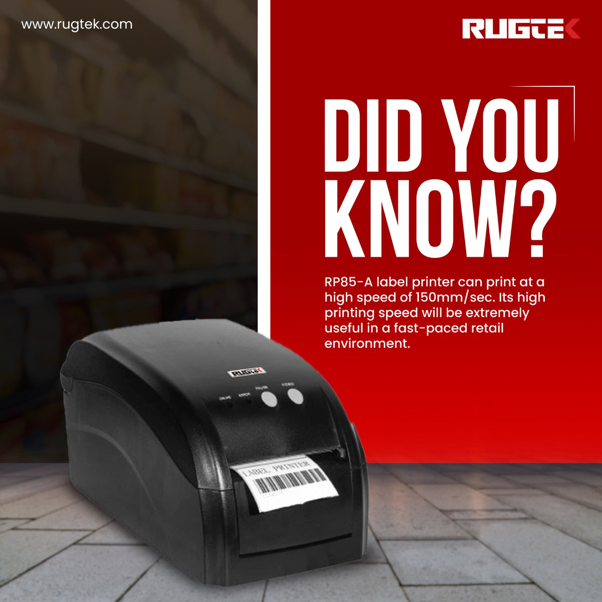 rugtek's tweet image. Did you know? 

The RP85 label printer can enhance your retail operations with its rapid printing capabilities. Say goodbye to long queues!

Don't let slow printing hold you back—explore our label printers now!

#Rugtek #LabelPrinter #RetailEfficiency #FastPrinting #RP85