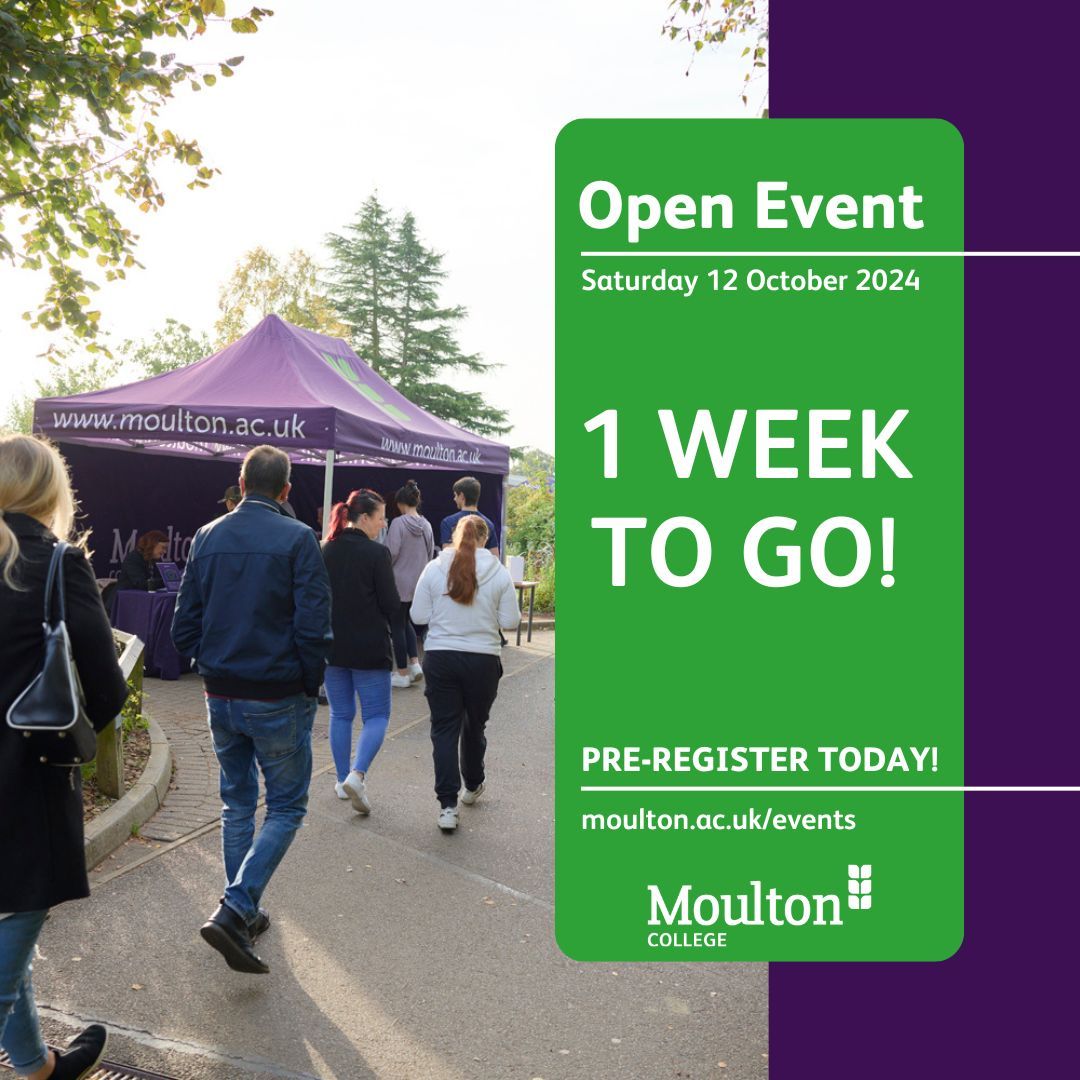 Just one week until our first Open Event of the year!

Pre-register now to have a look around our campus, speak to tutors and go on subject tours (limited availability).

Visit our website to book your place today!

#OpenEvent #OpenDay #MoultonMade #TeamMoulton #RegisterToday