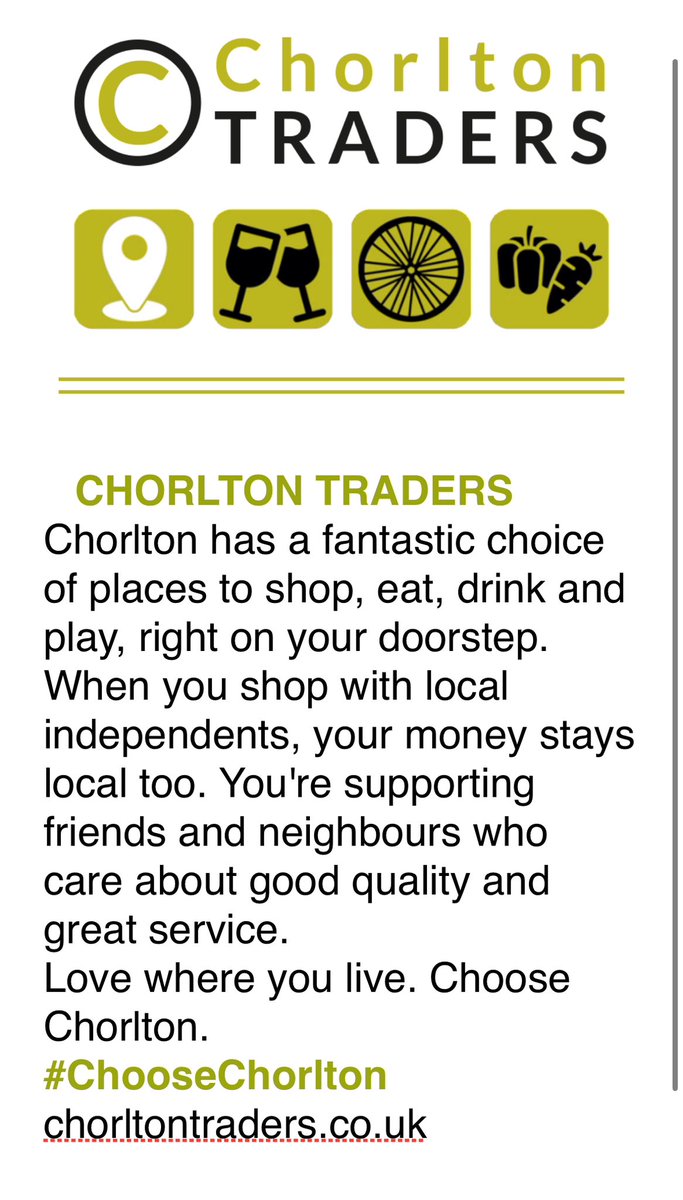 Happy Weekend Everyone.

If you’re out &amp; about #Chorlton this weekend remember to support all our wonderful local Chorlton Traders and stop our local high street from becoming a “Ghost Town”.

LETS SUPPORT THE LOCAL BUSINESSES WHO SUPPORT THE AREA WHERE YOU LIVE, WORK AND PLAY.
