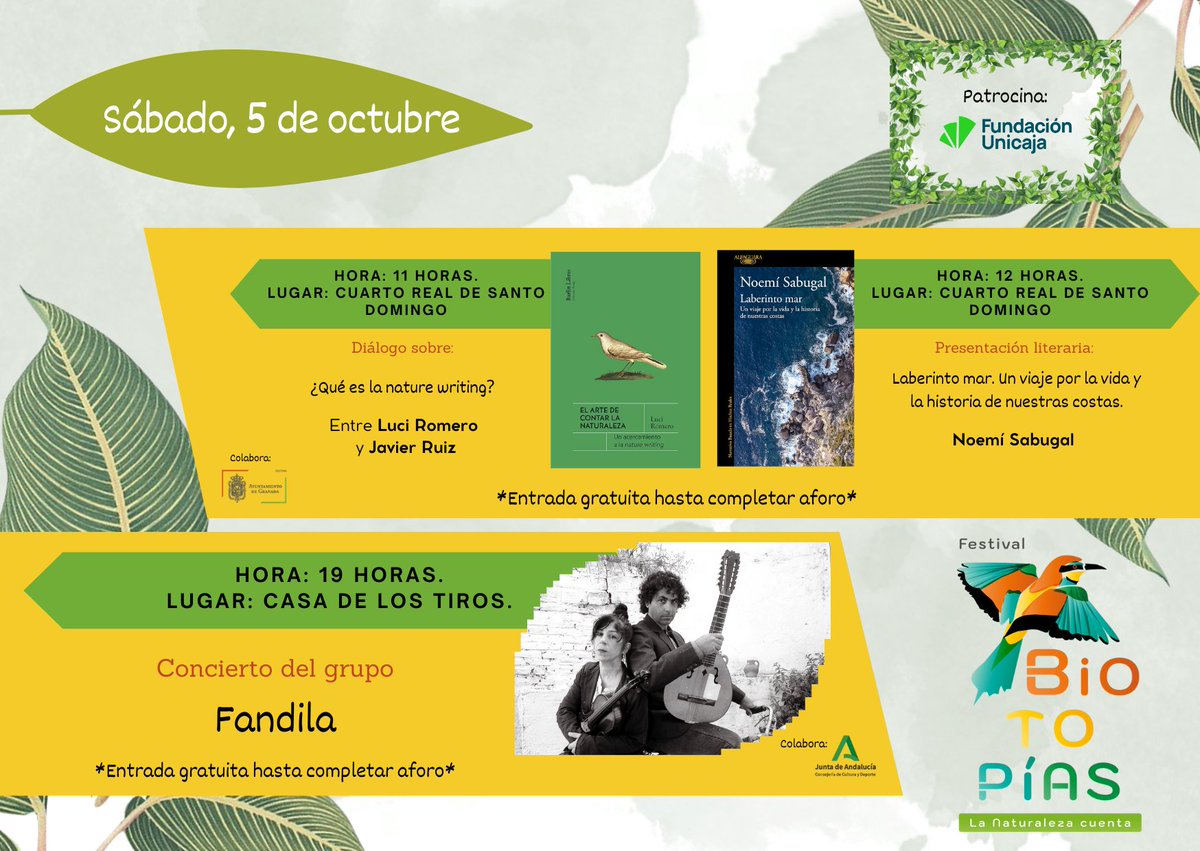 A las 11:00,  disfrutaremos en el Cuarto Real de Santo Domingo de una conversación literaria entre Luci Romero  y Javier Ruiz y a las 12:00, Noemi Sabugal  nos presentará su última obra. Por la tarde en la  Casa de los Tiros, el grupo Fandila Folk  nos tocará sus mejores temas🎶