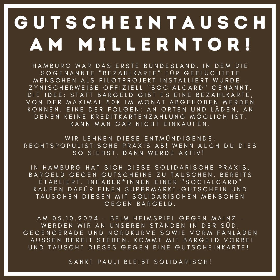Fanhilfe_FCSP's tweet photo. Heute! Gutscheinwert größtenteils 50€. 
Ihr findet uns beim Kaffeestand vorm Fanladen, BWH- sowie @UltraFCSP2002-Stand in der Süd, beim Stand vom Supportblock in der Gegengerade, beim Stand von NordSupport in der Nord sowie beim mobilen Team auf der Haupt. Kommt vorbei! #FCSPM05 https://t.co/B6udTAYlaT