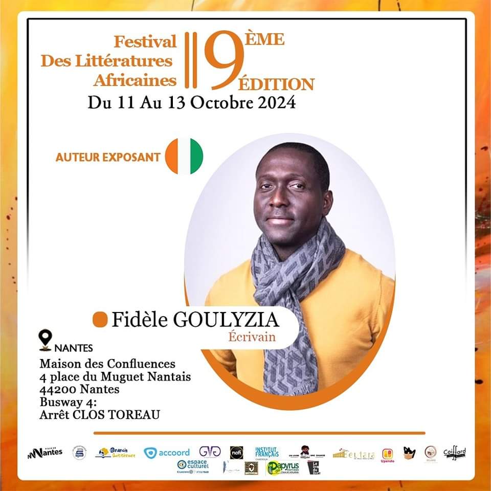 NOS AUTEUR(E)S EXPOSANT(E)S 

Ancien journaliste reporter ivoirien, Fidèle Goulyzia réside à Besançon
Ses œuvres seront exposées sur nos stands au Festival des Littératures Africaines à <a href="/NantesMetropole/">Nantes Métropole</a>, du 11 au 13 /10/24.
#FestivalLittératuresAfricaines   #prixahmadoukourouma
