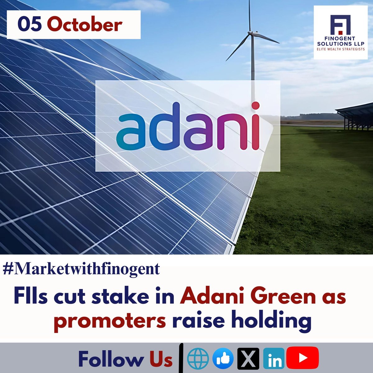 RajatDharSage's tweet photo. FIIS cut their stake in @AdaniGreen  to 15.2%, while promoter holding rose to 60.9%. @LIC_HFL  steady with 1.36% stake. 
.
.
.
.
#AdaniGreen #StockMarket #FIIs #PromoterHolding #finogent #finogentnews https://t.co/aIYcMweKJr