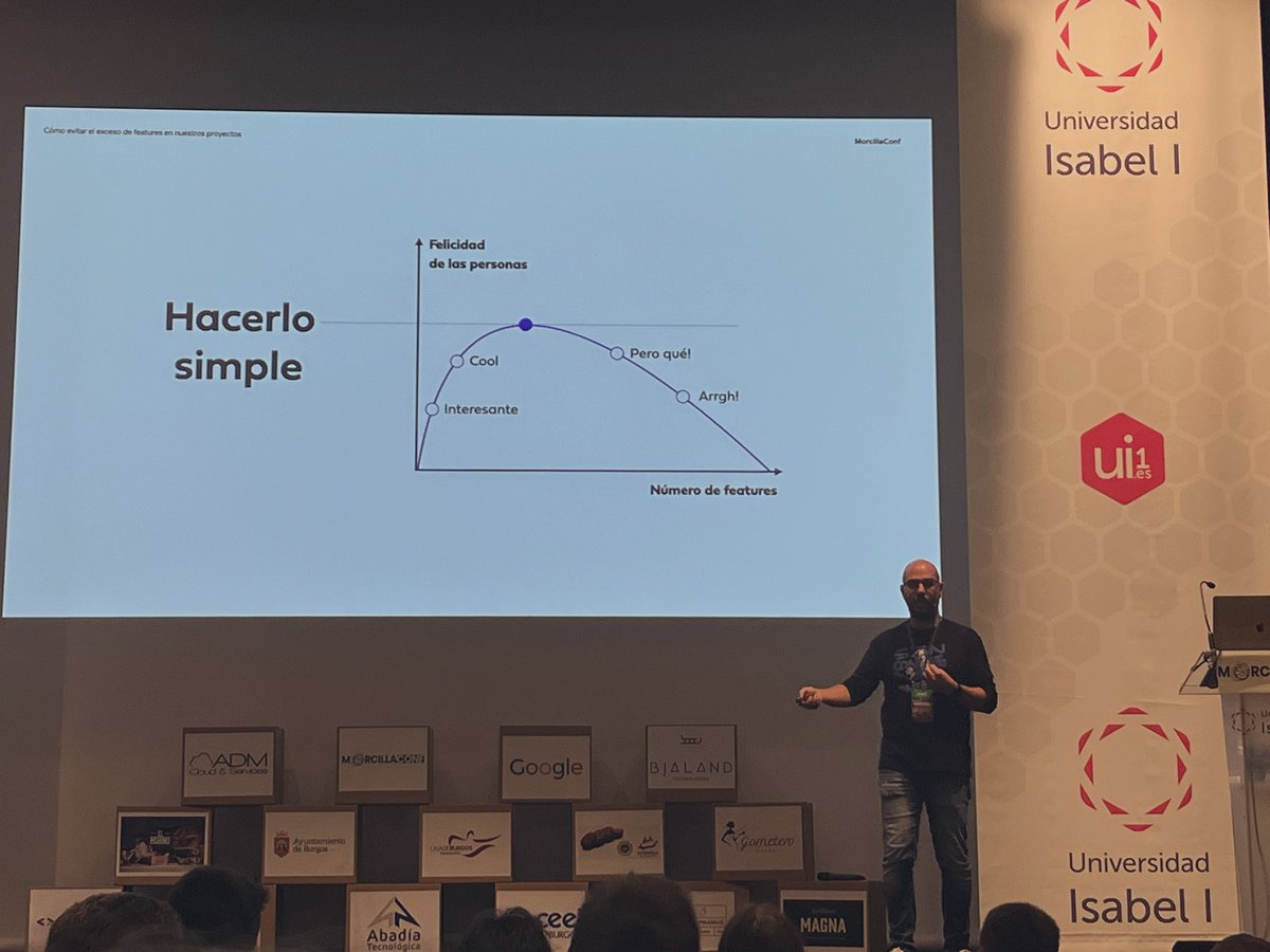 ¿Qué es “producto”? Producto son las personas y sus circunstancias, no las “features” molonas que se te ocurren cuando te vienes arriba después de venir a eventos como #morcillaconf 
Haced caso a <a href="/inaki__gomez/">● Iñaki</a> y su curva de la “featuritis”
Hacedlo simple, haceos un favor 😉