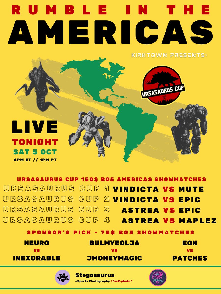 UrsaTV (@ursatvcanada) on Twitter photo Our month long commitment to StarCraft 2 in the Americas - the Ursasaurus Cup series - ends tonight with a rumble featuring the region's talent. A fun night celebrating the unique character of the game on our continent!
Join <a href="/SteadfastSC2/">Dave 'Steadfast' Loose</a> and the "fam" at 4pm ET / 1pm PT. Our month long commitment to StarCraft 2 in the Americas - the Ursasaurus Cup series - ends tonight with a rumble featuring the region's talent. A fun night celebrating the unique character of the game on our continent!
Join <a href="/SteadfastSC2/">Dave 'Steadfast' Loose</a> and the "fam" at 4pm ET / 1pm PT.