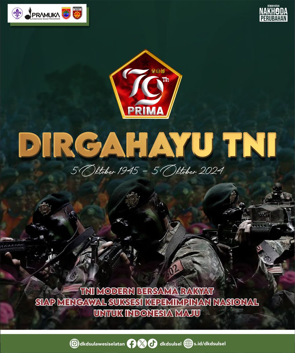 Dirgahayu TNI ke-79! Semoga terus menjadi pilar teguh dalam menjaga persatuan dan kedaulatan NKRI♥️

#dkdsulsel2428 #huttni79 
<a href="/tni_ad/">TNI AD</a> <a href="/kwarnaspramuka/">Kwarnas Gerakan Pramuka</a>