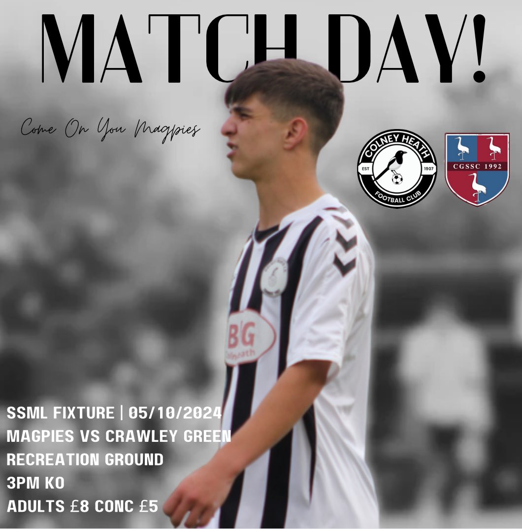 ITSSS MATCH DAY!!

We take on <a href="/CGFC2024/">Crawley Green FC</a> at home this afternoon. 

#ComeOnYouMagpies