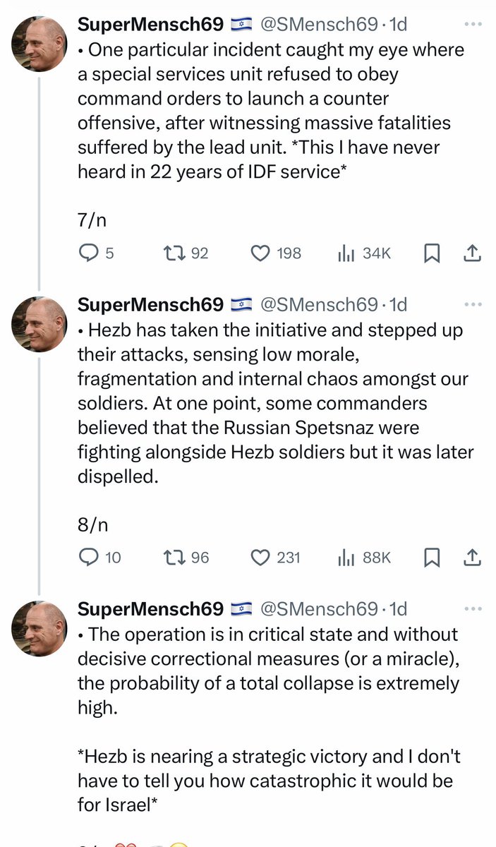 KelSoOz's tweet photo. Interesting read. Apparently the IDF is suffering massive casualties in Southern Lebanon. Netanyahu won’t want this info getting out.

Via @SMensch69 https://t.co/f9UClWcL6Q