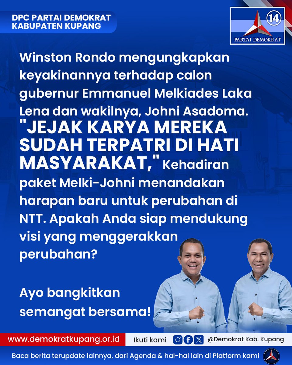 DemokratKupang's tweet photo. Kerja Nyata di Hati Rakyat. 

#MelkiJhoni #PilgubNTT2024 #Demokrat #PartaiDemokrat

@PDemokrat
@AgusYudhoyono
@BakomstraPD
@AnnisaPohan
@BennyHarmanID
@EyPullu
@SebastianEdo4
@WinstonRondo1 https://t.co/3QVpKufDYa