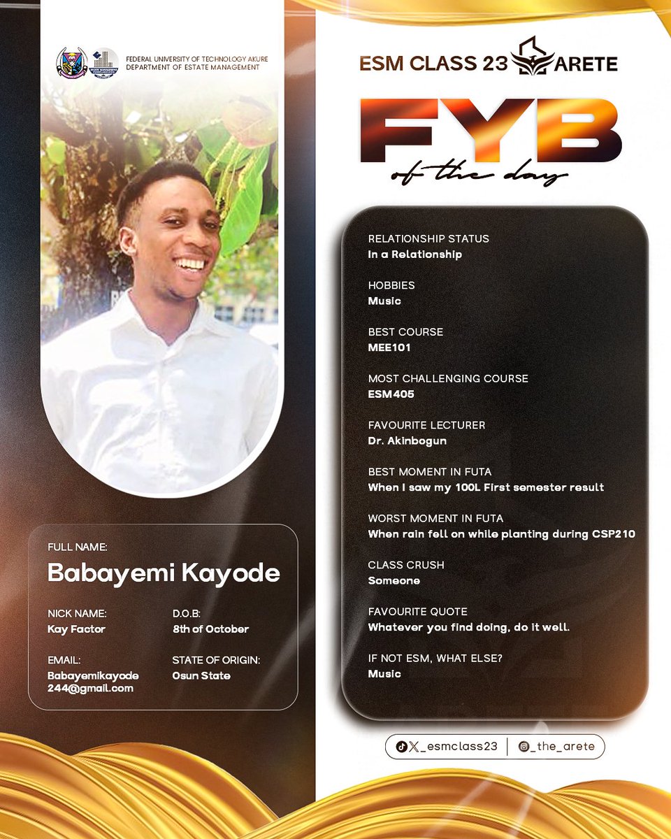 Esmclass23's tweet photo. Meet Kayode, the Arete of the day.
Also known as Kay Factor 

Kayode is a silent genius who effortlessly stands out without making a fuss. He's the kind of guy who stays in his lane, always minding his own business, yet somehow, you can't help but notice his calm presence. https://t.co/kZ52FdP2ol