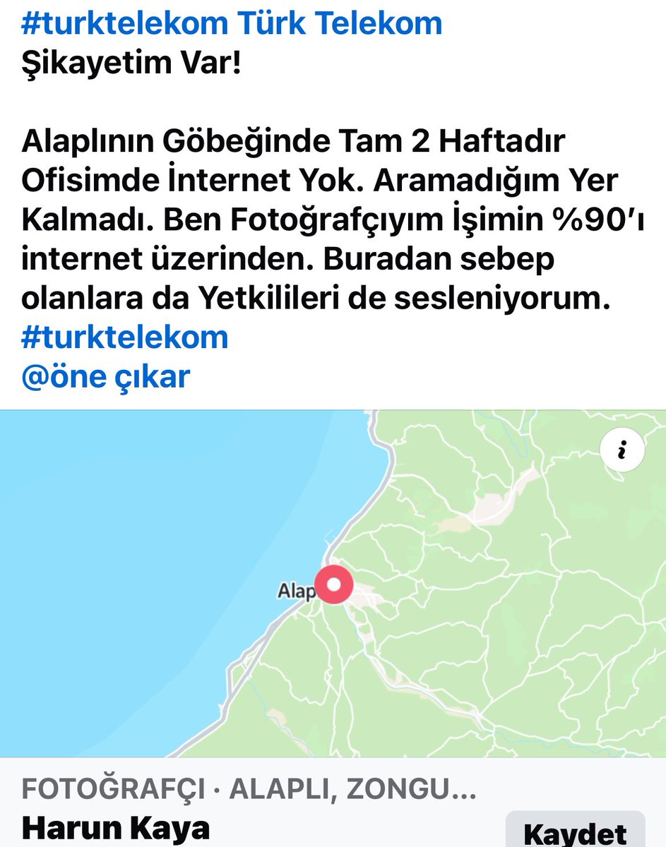 Türktelekom’a Şikayet var. İki haftadır internetinin olmadığını ifade eden Harun Kaya, çok mağdur olduğunu söylüyor. Telefonu: 0 (532) 708 19 84