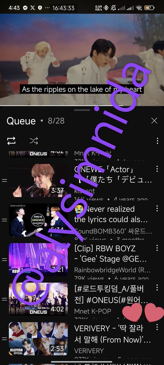 alysimnida's tweet photo. #lyOnsxtOmOOns #RoadyxToMoon #fuse #tomoon #weve
#verrers
Still watching and listening to mvs!! I'm changing my queue every now and then but these are the mvs that's always there (lol i ss taken at diff times but i happened to take a ss when ONF Bye My Monster is playing ๐คฃ) https://t.co/pxaN25U55E