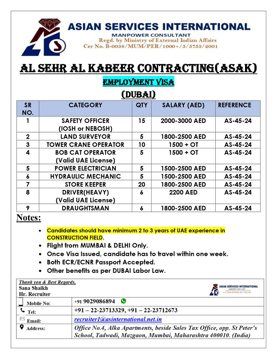 AsianServices3's tweet photo. Job Opportunity in #dubai
Interested candidates can send their updated cv at recruiter1@asinternational.net.in or can directly contact on 090290 86894
#dubai #hiringnow #dubaijobs #dubaihiring #safetyofficer #landsurvey #landsurveyor #towercraneoperator #bobcatoperator #Hiring https://t.co/glg8C2uQge