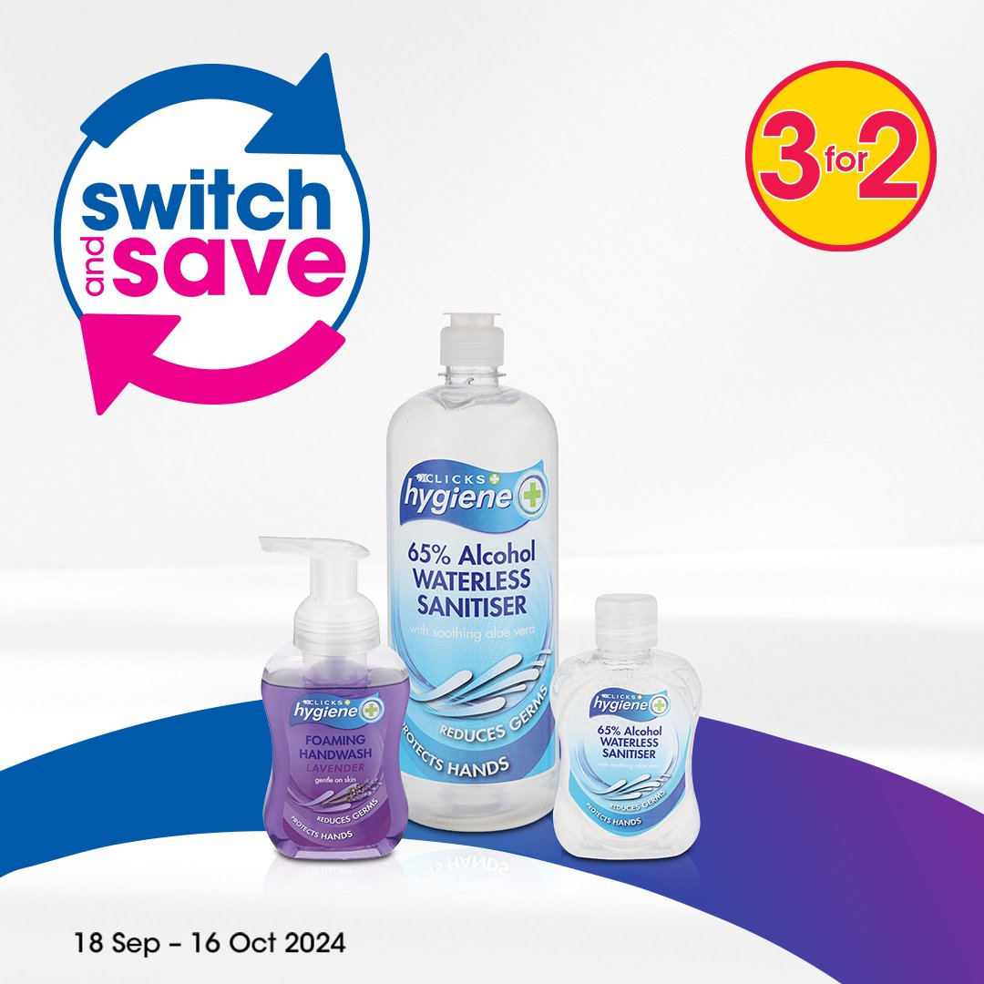 Clicks_SA's tweet image. Buy any 3 Clicks Hygiene hand sanitisers, handwashes, cleansers, or wipes (excl. soap bars) and get the cheapest 1 FREE from 18 Sep – 16 Oct 2024.

Shop online, on the app, or at your nearest Clicks store today! -&amp;gt; bit.ly/3zTpzh5

#SwitchAndSave #Clicks