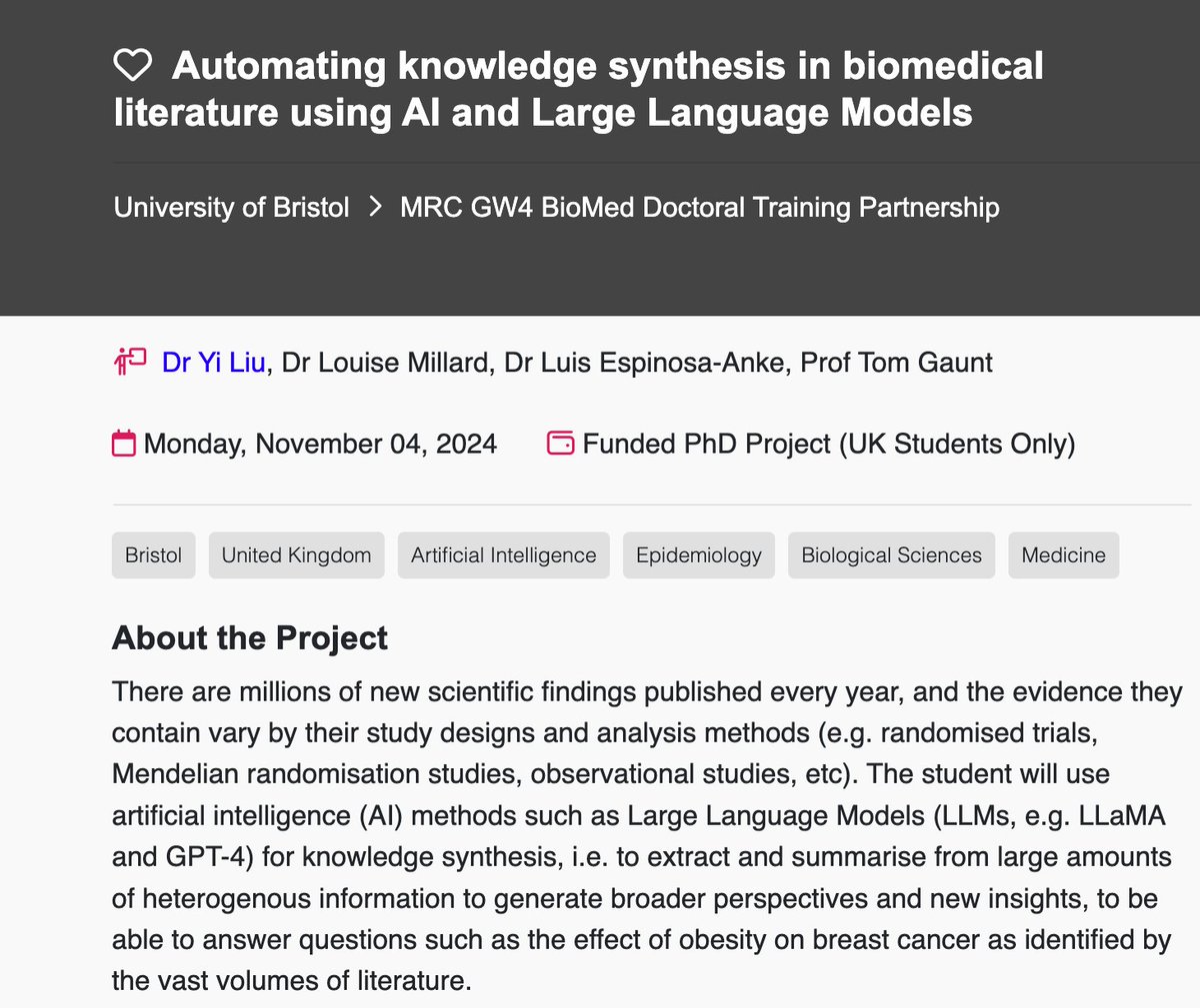 A PhD project funded by GW4 BioMed2 DTP @GW4BioMedDTP on the use of LLMs for knowledge synthesis in biomed literature, supervised by me, <a href="/louise_millard/">Louise AC Millard</a>, <a href="/espinosaanke/">Luis</a>, <a href="/tomrgaunt/">Tom Gaunt</a>. Closing on 4th November. findaphd.com/phds/project/a…