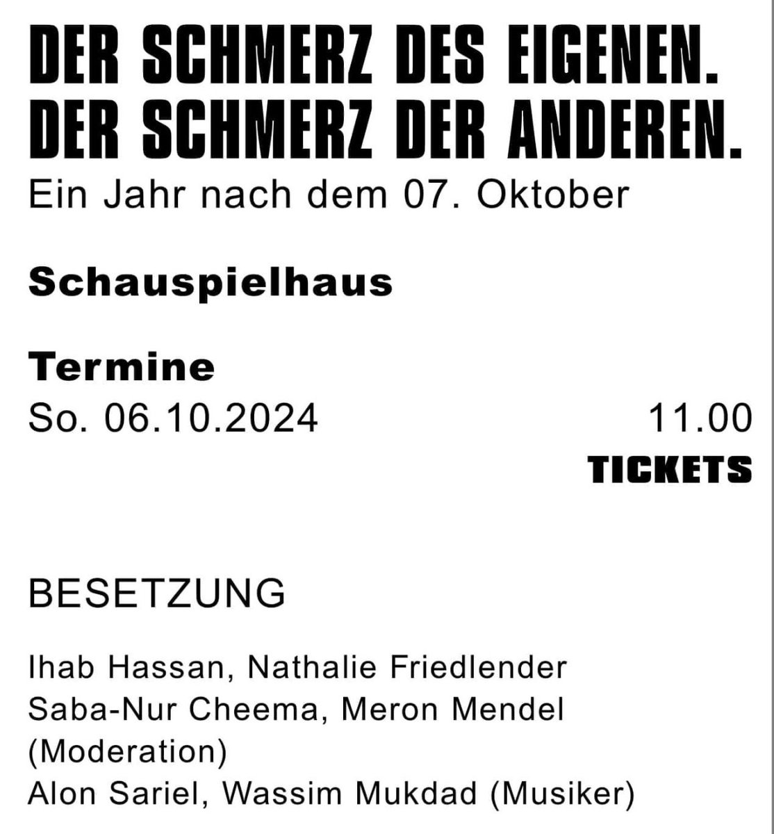 Dr. Meron Mendel (@meronmendel) on Twitter photo Es gibt noch Resttickets für die morgige Veranstaltung - ein Jahr nach dem 7.Oktober.
<a href="/SchauspielFFM/">Schauspiel Frankfurt</a>
<a href="/sabanurcheema/">Saba-Nur Cheema</a>
schauspielfrankfurt.de/spielplan/a-z/… Es gibt noch Resttickets für die morgige Veranstaltung - ein Jahr nach dem 7.Oktober.
<a href="/SchauspielFFM/">Schauspiel Frankfurt</a>
<a href="/sabanurcheema/">Saba-Nur Cheema</a>
schauspielfrankfurt.de/spielplan/a-z/…