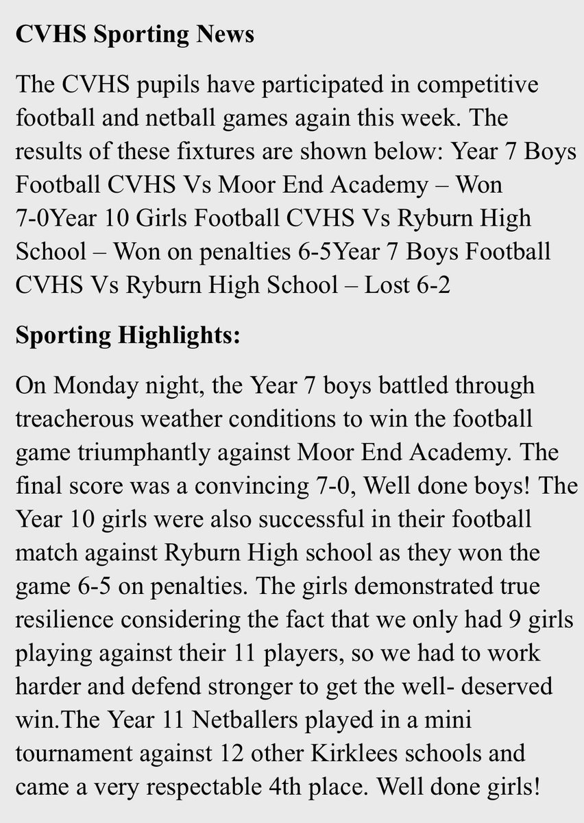 A busy sporting fixture list last week! <a href="/cvhspe/">CVHS PE</a> Well done and outstanding commitment to all involved.
