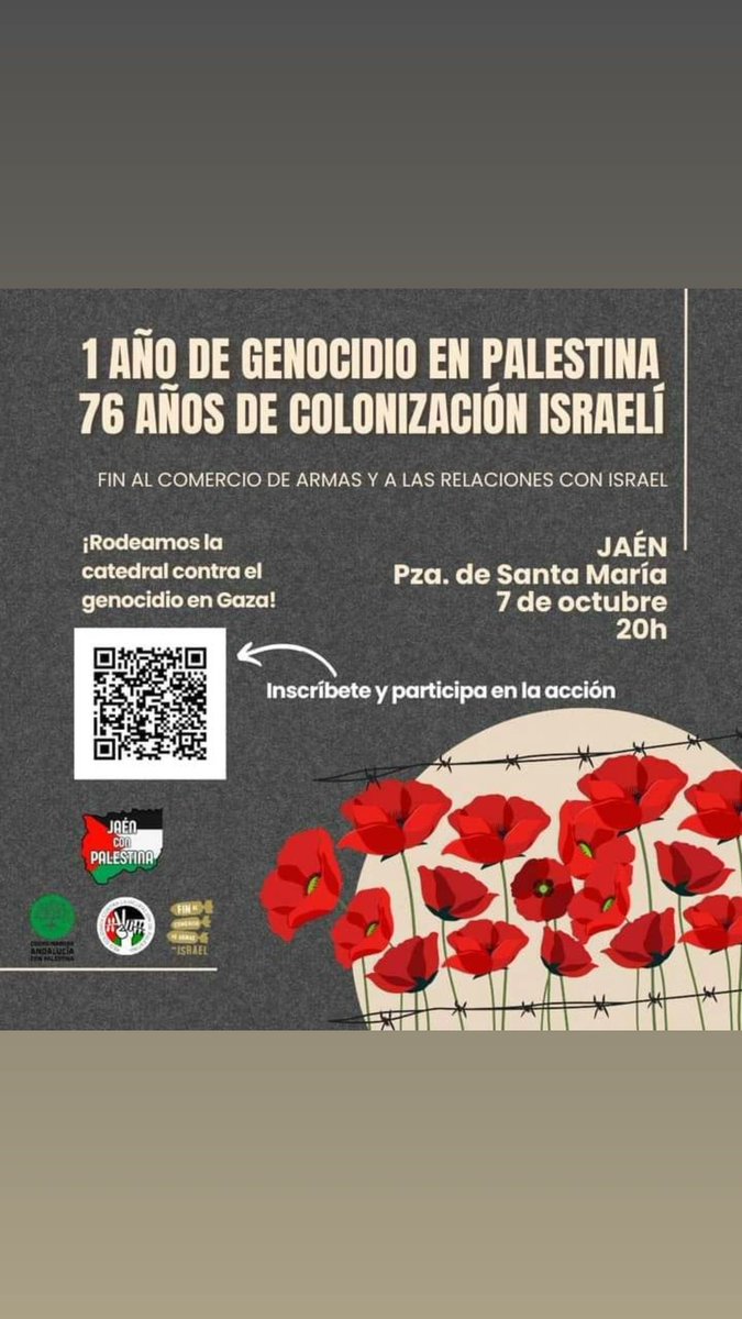 Por la vida. Por el fin del genociodio en #Gaza y el comercio de armas con #Israel. 

Nos vemos en las calles el 7 de octubre.