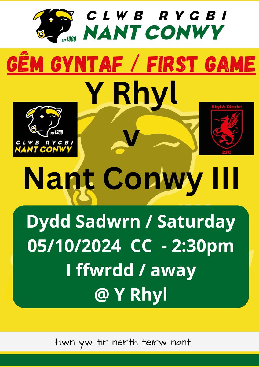 🌟DIWRNOD Y GÊM🌟 

🌟GAME DAY 🌟 

Nant Conwy vs Pwllheli 

2:30ko 

🏉 Diolch i MEREDYDD A NERYS ELLIS am noddi y bêl / Thanks to MEREDYDD AND NERYS ELLIS for sponsoring the ball🏉 

Nant Conwy Ieuenctid vs Pwllheli Ieuenctid 

2:30ko 

Y Rhyl 2nd vs Nant Conwy III 

2:30ko