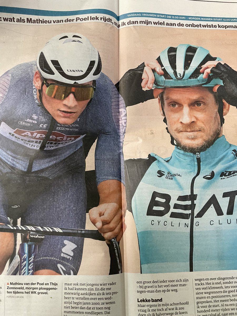 Mooi (!) stukje journalistiek van <a href="/thijszonneveld/">Thijs Zonneveld</a> in <a href="/ADSportwereld/">AD.nl/sportwereld</a>, naast natuurlijk de geweldige podcast ‘in het wiel’. Ploegmaat voor één dag met Matje. En hoe dicht je dit jaar ook bij de overwinning was in Unbound, hoe gaaf is het om je wiel af te staan aan <a href="/mathieuvdpoel/">Mathieu Van der Poel</a>?