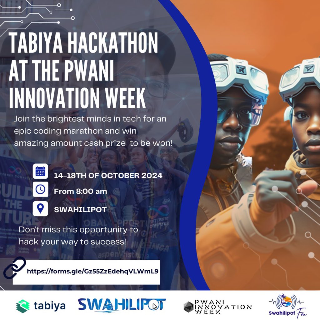 #OnlyDevs (@onlydevs_ke) on Twitter photo Join <a href="/swahilipothub/">Swahilipot Hub</a> for the TABIYA Hackathon October 14th to 18th!
It's your chance to showcase your skills, collaborate with brilliant minds, and innovate for a better tomorrow.
forms.gle/9DwgHNgnvkFmvo… Join <a href="/swahilipothub/">Swahilipot Hub</a> for the TABIYA Hackathon October 14th to 18th!
It's your chance to showcase your skills, collaborate with brilliant minds, and innovate for a better tomorrow.
forms.gle/9DwgHNgnvkFmvo…