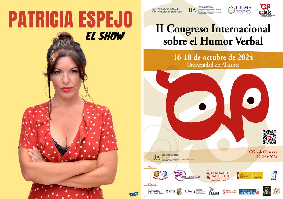 La monologuista Patricia Espejo llega el miércoles 16 de octubre al Paraninfo dentro del II Congreso Internacional sobre el Humor Verbal de la <a href="/UA_Universidad/">Universidad de Alicante UA</a>
ℹ️ Información y entradas: s.ua.es/es/bUqC
<a href="/GrialeObserva/">GRIALE HUMOR</a>