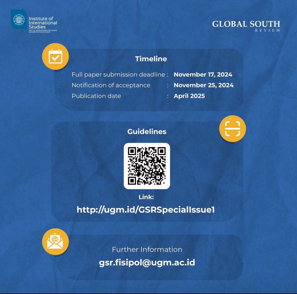 📢 Call for Papers 2024: Special Issue on Decolonizing International Relations: The Enduring Legacy of the Bandung Conference 📢

📑 Submission guidelines: ugm.id/GSRSpecialIssu…

Looking forward to your submissions!
jurnal.ugm.ac.id/globalsouth/an…

#decolonizingIR #BandungConference