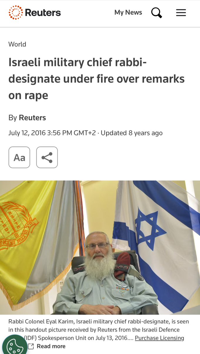 Il rabbino capo di IDF Eyal Karim, ieri:
“Chiedo ai soldati di violentare e uccidere tutte le donne a Gaza e in Libano”
2016:
"Lo stupro in tempo di guerra delle donne palestinesi è accettabile e aumenta il morale dei soldati”
La guida spirituale dell’esercito più morale che c’è.