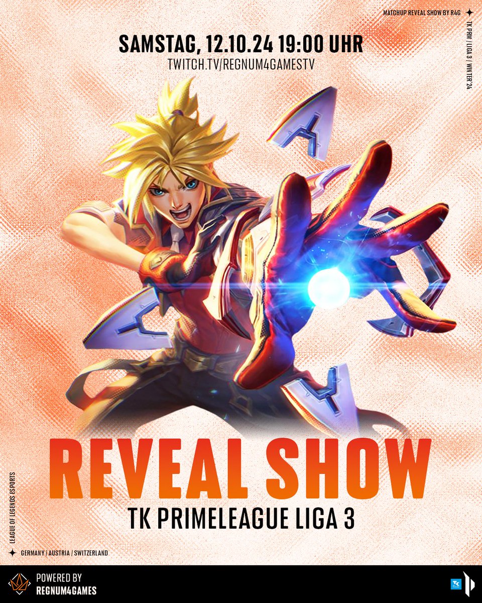 regnum4games (@regnum4games) on Twitter photo Es geht wieder los! Die <a href="/PrimeLeague/">Die Techniker Prime League</a> startet bald auch in der 3. Liga in den Wintersplit. Uns erwarten ein neues Format, neue Gesichter und neue Storylines!
Am Samstag, den 12.10., ab 19:00 Uhr erfahrt ihr wie der Split abläuft, welche packenden Matches uns am ersten Spieltag Es geht wieder los! Die <a href="/PrimeLeague/">Die Techniker Prime League</a> startet bald auch in der 3. Liga in den Wintersplit. Uns erwarten ein neues Format, neue Gesichter und neue Storylines!
Am Samstag, den 12.10., ab 19:00 Uhr erfahrt ihr wie der Split abläuft, welche packenden Matches uns am ersten Spieltag