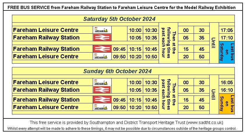 The Fareham &amp; District Model Railway Club CIO exhibition is taking place at Fareham Leisure Centre this weekend. 

As usual there is a free heritage bus service from Fareham Railway Station to the event.