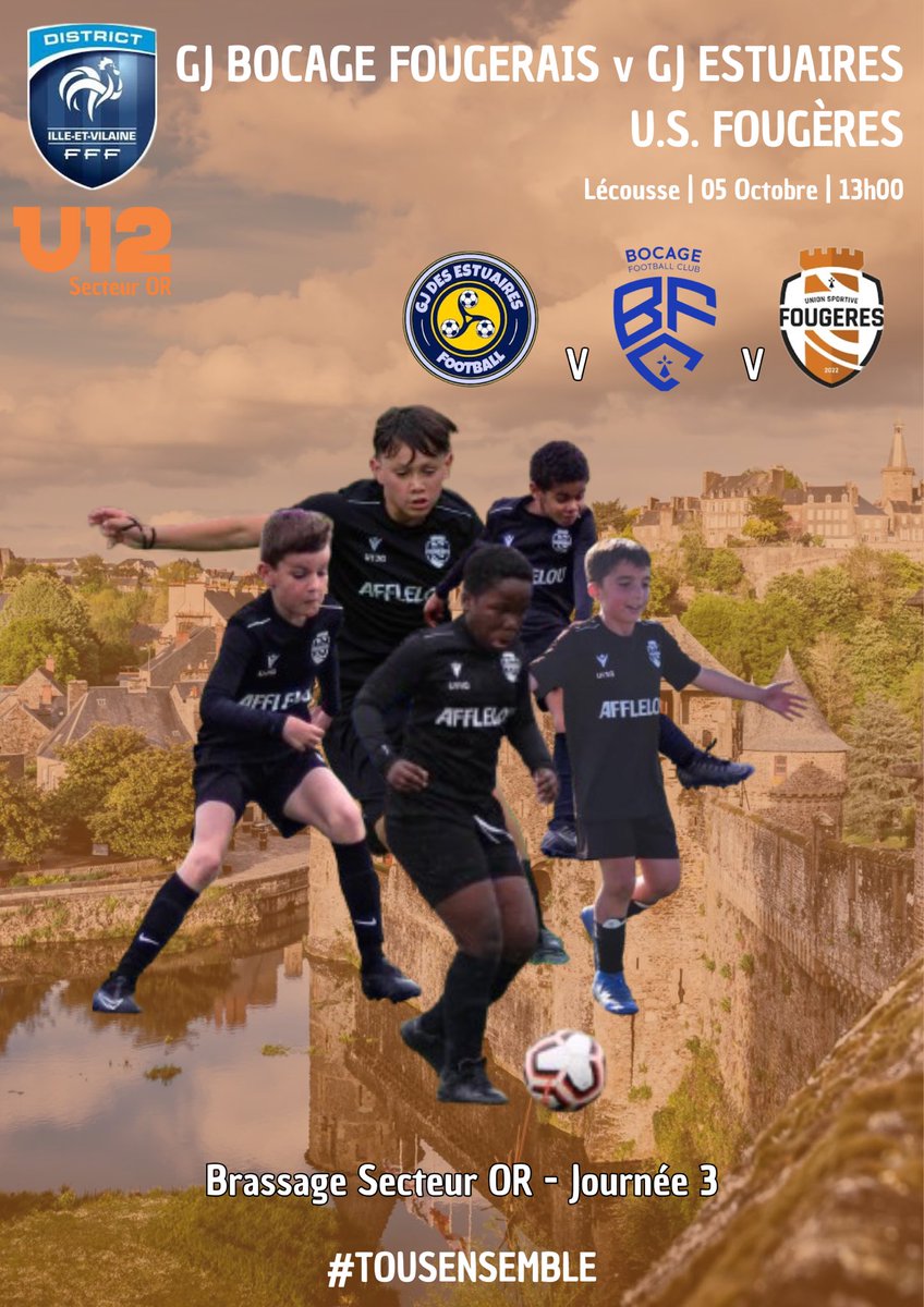 [#MATCHDAY]

Brassage Secteur OR - U12
3ème journée

🆚 GJ Estuaires B &amp; GJ Bocage B
🕜 13h00
🏟️ Lécousse

#TOUSENSEMBLE 🟠⚫️