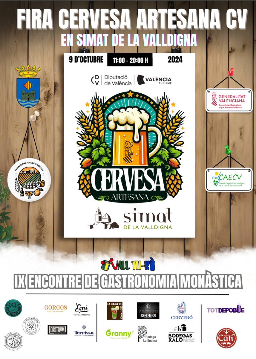 TurismeSimat's tweet image. 🥳🍻 El 9 d’octubre d’11:00h a 20:00h vos esperem a la I 𝐅𝐢𝐫𝐚 𝐝𝐞 𝐂𝐞𝐫𝐯𝐞𝐬𝐚 𝐀𝐫𝐭𝐞𝐬𝐚𝐧𝐚 𝐝𝐞 𝐥𝐚 𝐂𝐕. Amb concurs de cerveses, formatge, i més productes artesans en el marc del IX Encontre de Gastronomia Monàstica. @HortetaG