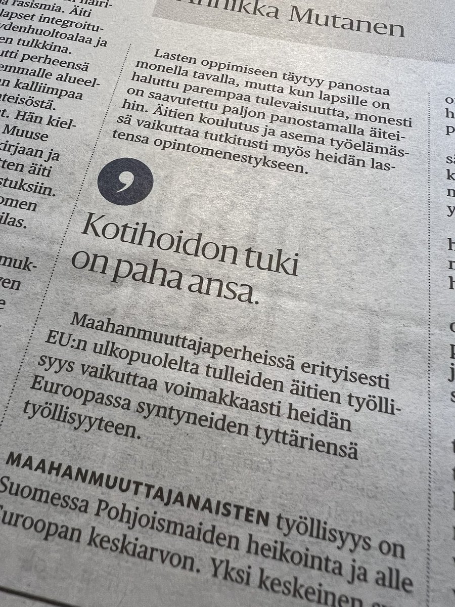 Tämä. Siis niin tämä.

Kotihoidontuen kielteiset vaikutukset näkyvät niin monessa. Maahanmuuttajien kotoutumisessa, naisten työllisyydessä, naisten eläkekertymässä. Mitä tarvittaisiin, että saataisiin edes reippaasti lyhennettyä?
