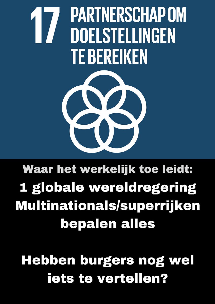 Daveys_Place's tweet image. Ken je de SDG&apos;S al?  

17. PARTNERSCHAPPEN OM DOELSTELLINGEN TE BEREIKEN

Waar het werkelijk toe leidt:
1 globale wereldregering.
Multinationals bepalen alles.

Hebben burgers nog wel iets te vertellen?

#SDG #Agenda2030 #partnerschap #wereldregering #Multinationals #burgers