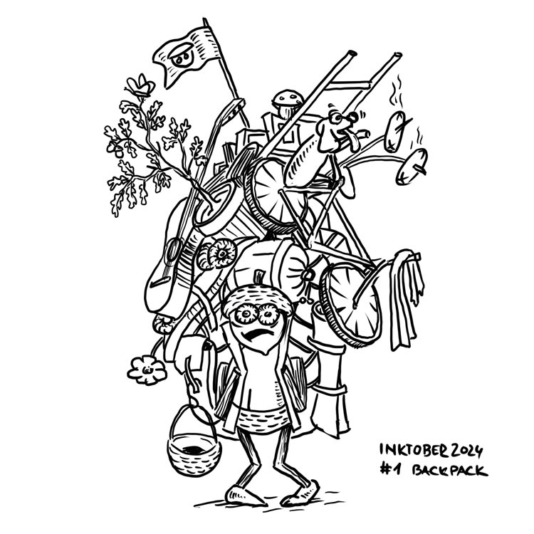 Vaclavek's tweet photo. Další #inktober kresba, jsem dost pozadu, možná jsem si toho naložil trochu moc, stejně jako dubánek!
#inktober2024 #inktoberbackpack https://t.co/F6AyUnlcs7