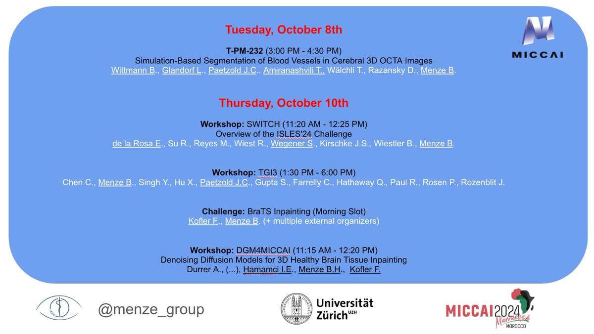 Our lab will take part in #MICCAI24, sharing our latest works and contributing to discussions on medical imaging. 
Here are the details of our presentations and satellite events—we look forward to connecting with the community! 🔬  🌍
<a href="/MICCAI_Society/">MICCAI Society</a>
<a href="/MiccaiStudents/">MICCAI Students</a>