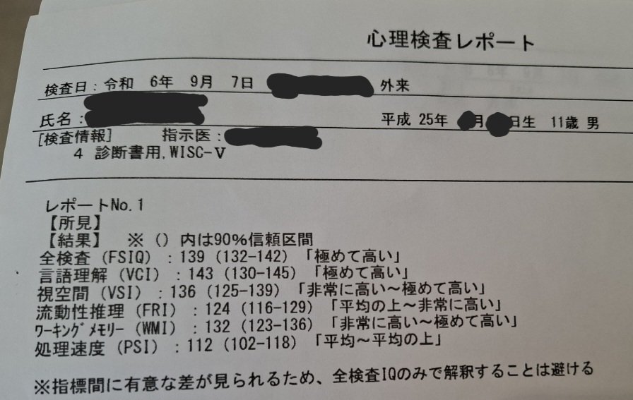 sonatann's tweet image. 先月受けた息子の心理検査の結果が出た。思ったより高くて全検査IQ139、言語理解は143。
先生は｢数唱カンストする人なかなか見ないですよ、てかMENSA入れますね｣とのこと
苦手な部分をどうにかしようとするより、得意な部分を伸ばして武器にする方がいいらしくて  (続
#ADHD  #WISC #発達障害