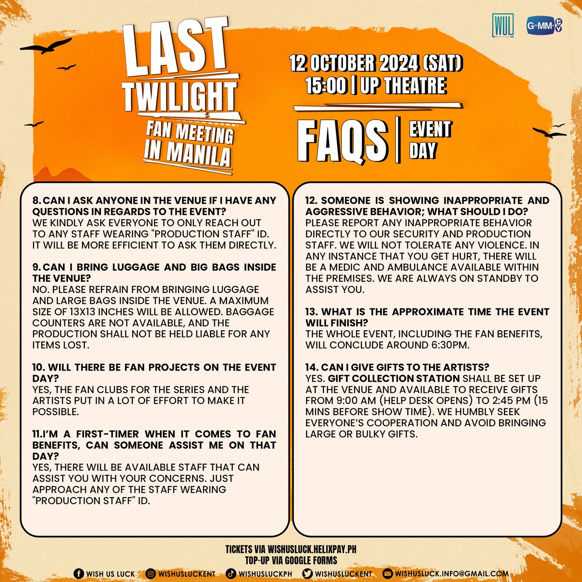 wishusluckent's tweet photo. [LAST TWILIGHT FAN MEETING IN MANILA]

Event Day FAQs and Fan Benefit Guidelines 

To our dear attendees, please kindly read everything carefully for a safer and smoother fan meeting experience on d-day! 

#LastTwilightFMinMNL https://t.co/vBGkl8kJfe