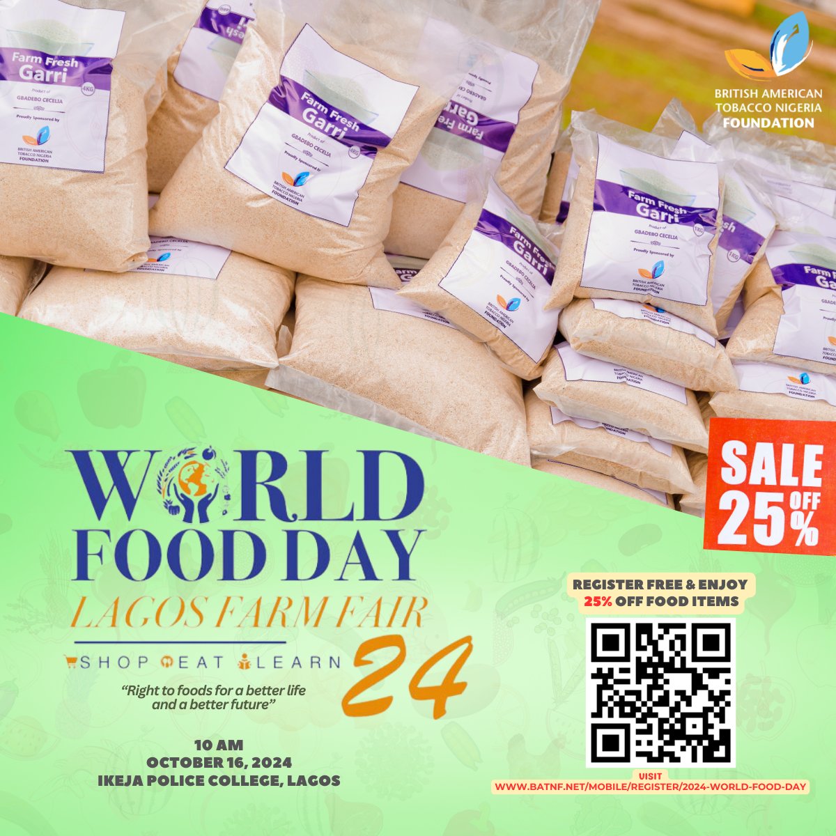 Mark your calendars for World Food Day! Oct 16th, 2024 Come celebrate and support our Farmers who bring foods to our table. Register for free and enjoy 25% off food items. Fresh food items for all. Scan the barcode or visit batnf.net/mobile/registe…
#worldfoodday #lagosfarmfair