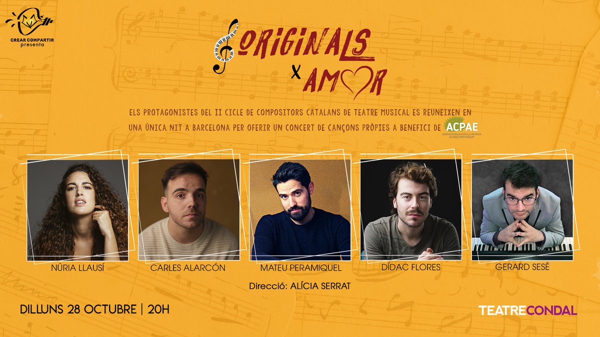 El proper 28 d'octubre no et perdis el concert solidari 'Originals X Amor'!

Un concert que fusiona els projectes Originals - Cicle de Compositors Catalans de Teatre Musical i Amor X Amor
📍<a href="/Teatre_Condal/">Teatre Condal</a>

Més info a: teatrecondal.cat/ca/ex/original…