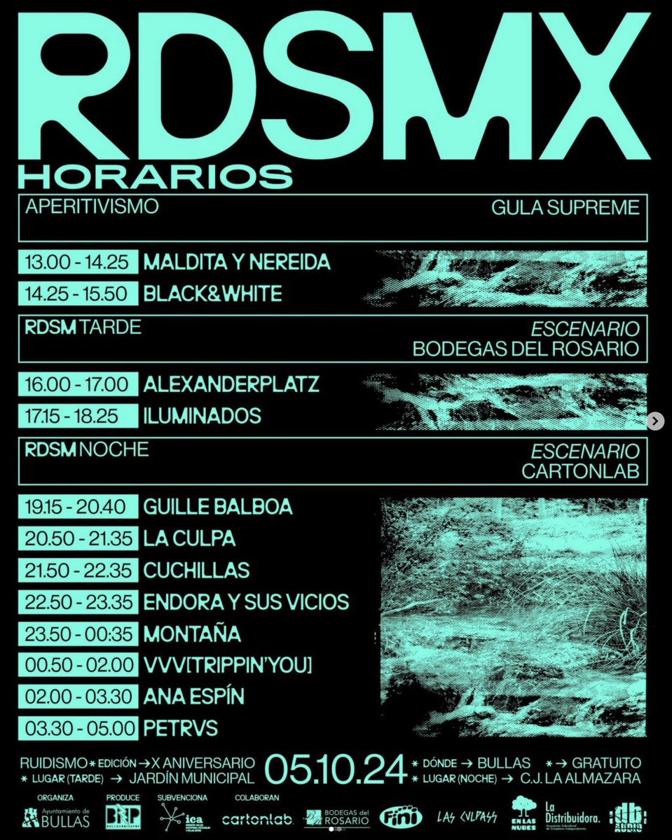 ⌚️ Today!
💬 El festival #Ruidismo llega a su X ed. con los conciertos de [#Alexanderplatz + #Cuchillas + #LaCulpa + #EndoraYSusVicios + #Iluminados + #Montaña + #VVVTrippinYou] y los DJs [#AnaEspín + #BlackAndWhite + #GuilleBalboa + #MalditaYNereida + #PETRVS] ⏬