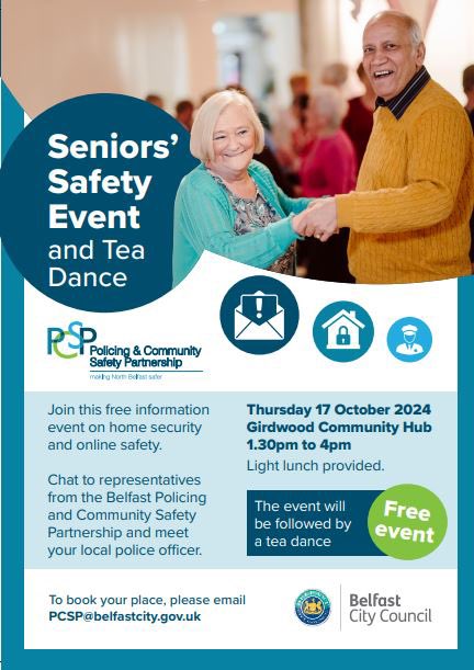 Bernard McClure (@bernardmcclure) on Twitter photo The <a href="/BelfastPcsp/">Belfast PCSP</a> & <a href="/belfastcc/">Belfast City Council</a> are holding a ‘Seniors’ Safety Event’ & Tea Dance in Girdwood Community Hub on Thursday 17th October at 1:30pm – 4pm for residents of North Belfast. This is a free event. The <a href="/BelfastPcsp/">Belfast PCSP</a> & <a href="/belfastcc/">Belfast City Council</a> are holding a ‘Seniors’ Safety Event’ & Tea Dance in Girdwood Community Hub on Thursday 17th October at 1:30pm – 4pm for residents of North Belfast. This is a free event.