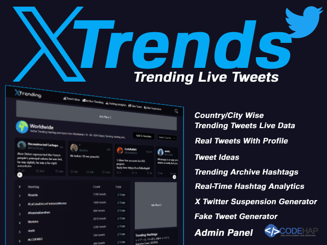 CodeHap's tweet image. X (Twitter) Live Trends PHP Script With Admin Panel
codehap.com/store/x-twitte…
XTrends is a PHP script that tracks and displays real-time Twitter trends by country and city. trending hashtag archives, real-time analytics, fake tweet generation, and Twitter suspension simulations