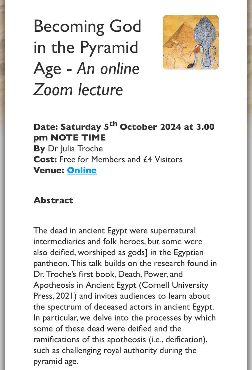 Our President, Dr Julia Troche, is speaking this morning at the Thames Valley Ancient Egypt Society! 9 central US/3pm uk/5pm Egypt

tvaes.org.uk/Talks2/2024%20…